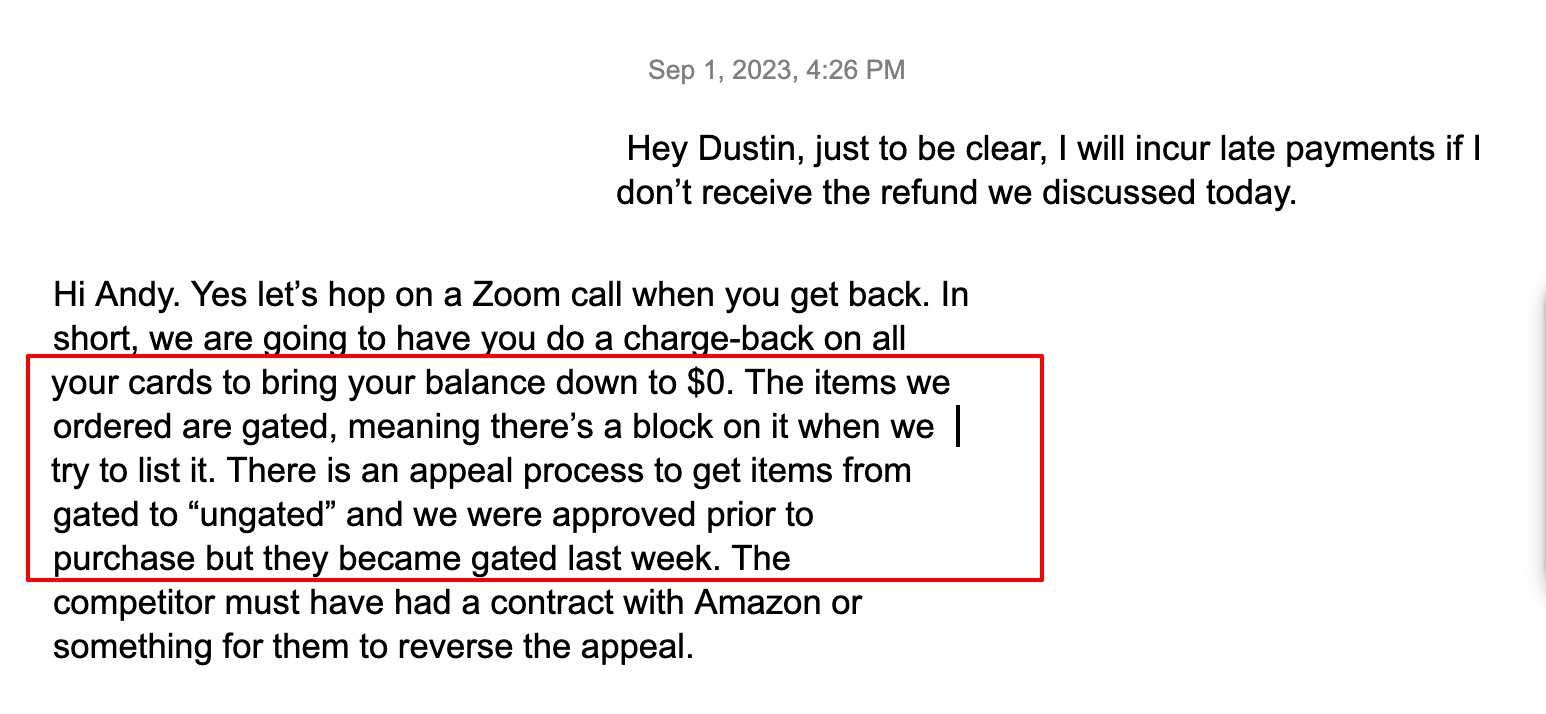 Dustin Boudreau's Text-mention-of-amazon's-gated-products-policy-violation. Dustin Boudreau's text mention of Amazon's gated products policy violation.