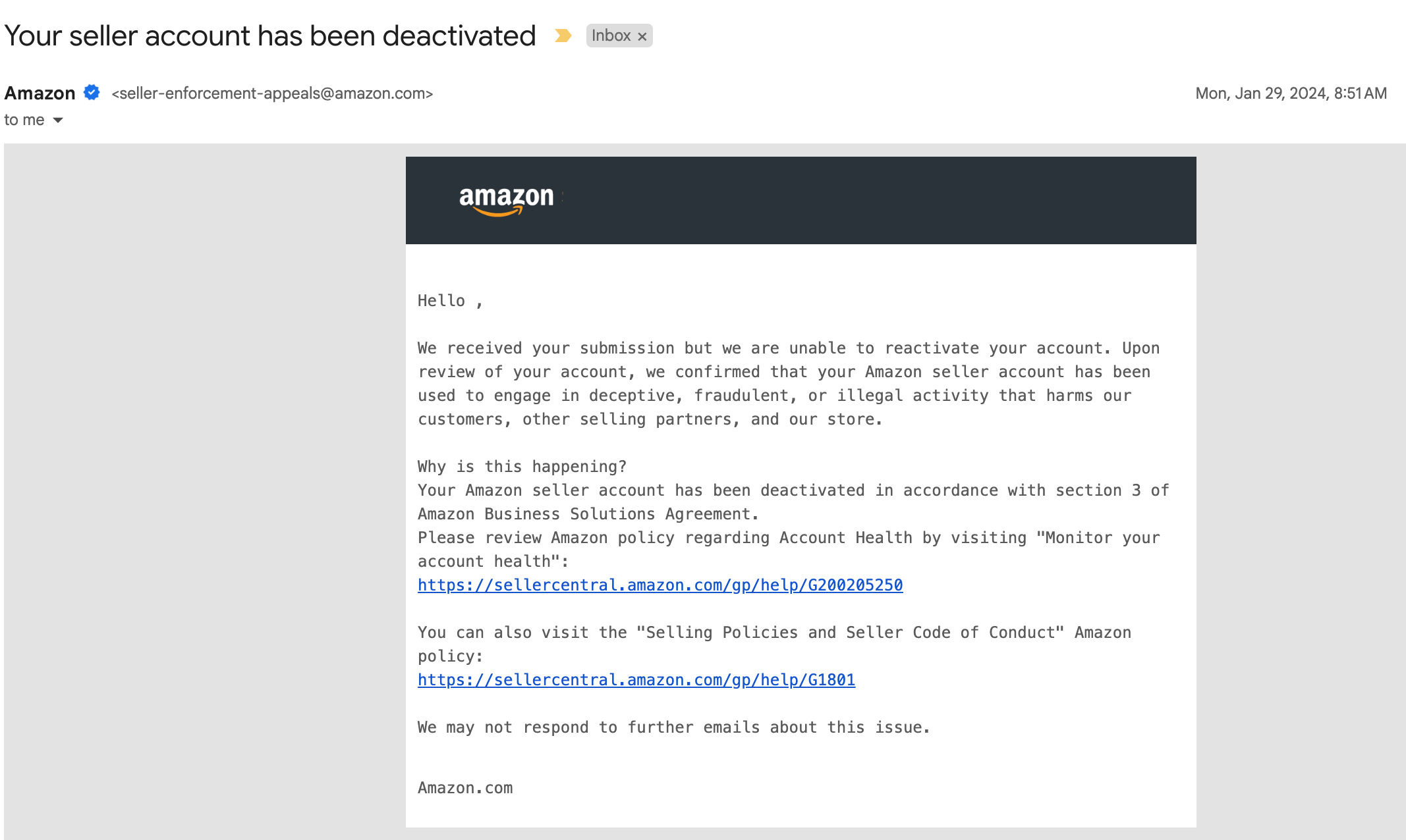Your seller account has been deactivated - steven.chayer@gmail.com - Gmail Amazon store deactivated. What casued this?