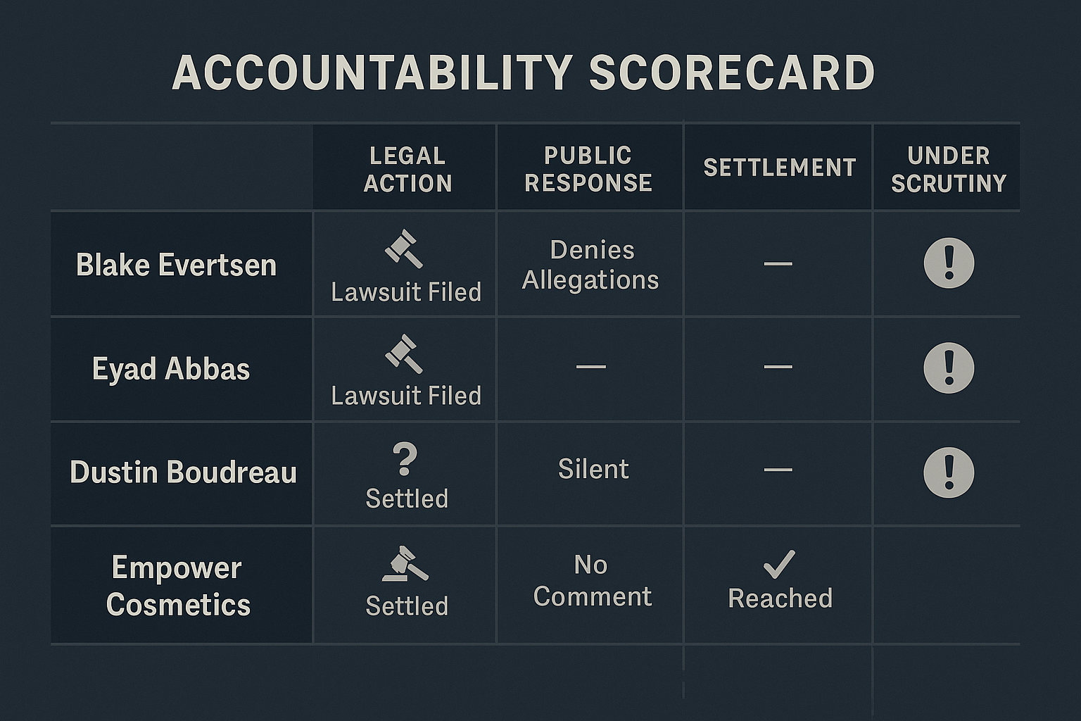 Chapter 7-2 Accountability scorecard ranking key individuals and companies by pending lawsuits, unanswered questions, and financial harm caused.