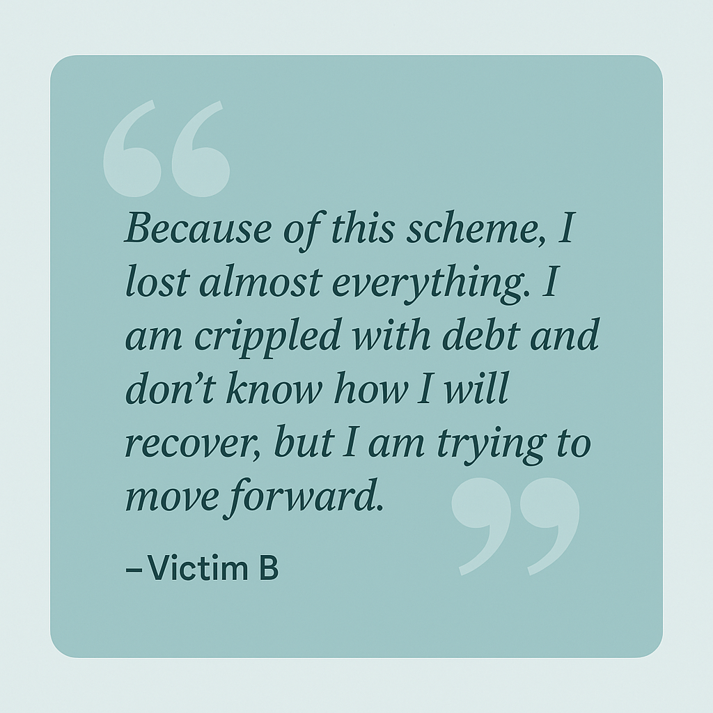 ChatGPT Image Jul 4, 2025, 03_44_40 PM Second quote graphic featuring a victim's words about the emotional and financial consequences of credit stacking fraud.