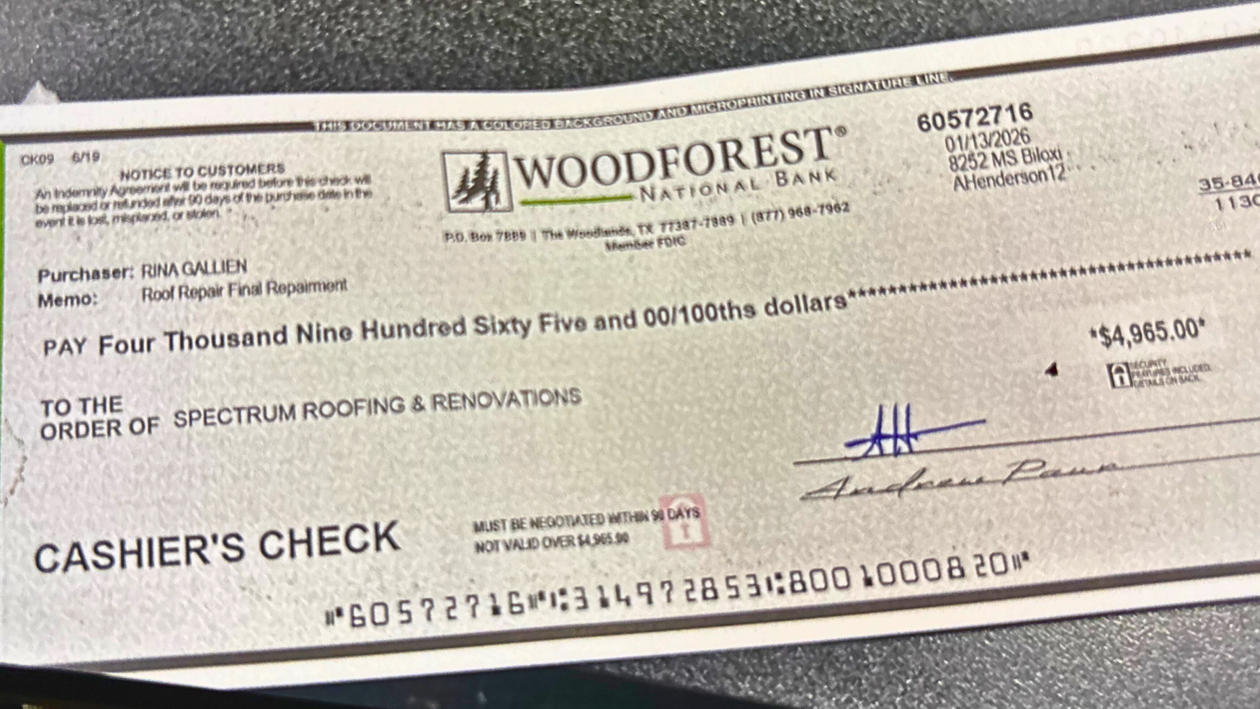2nd payment to Spectrum Roofing