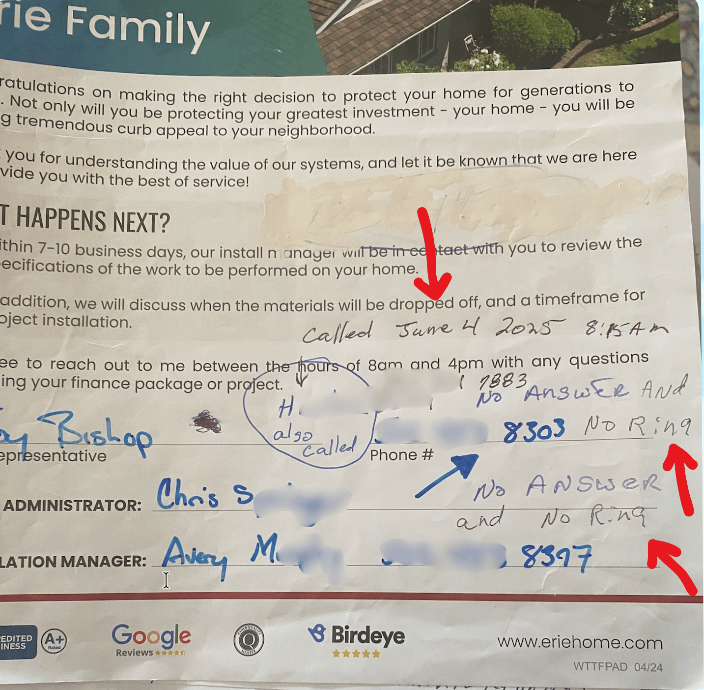 Image of notes made when attempting to cancel the contract within the three day window.