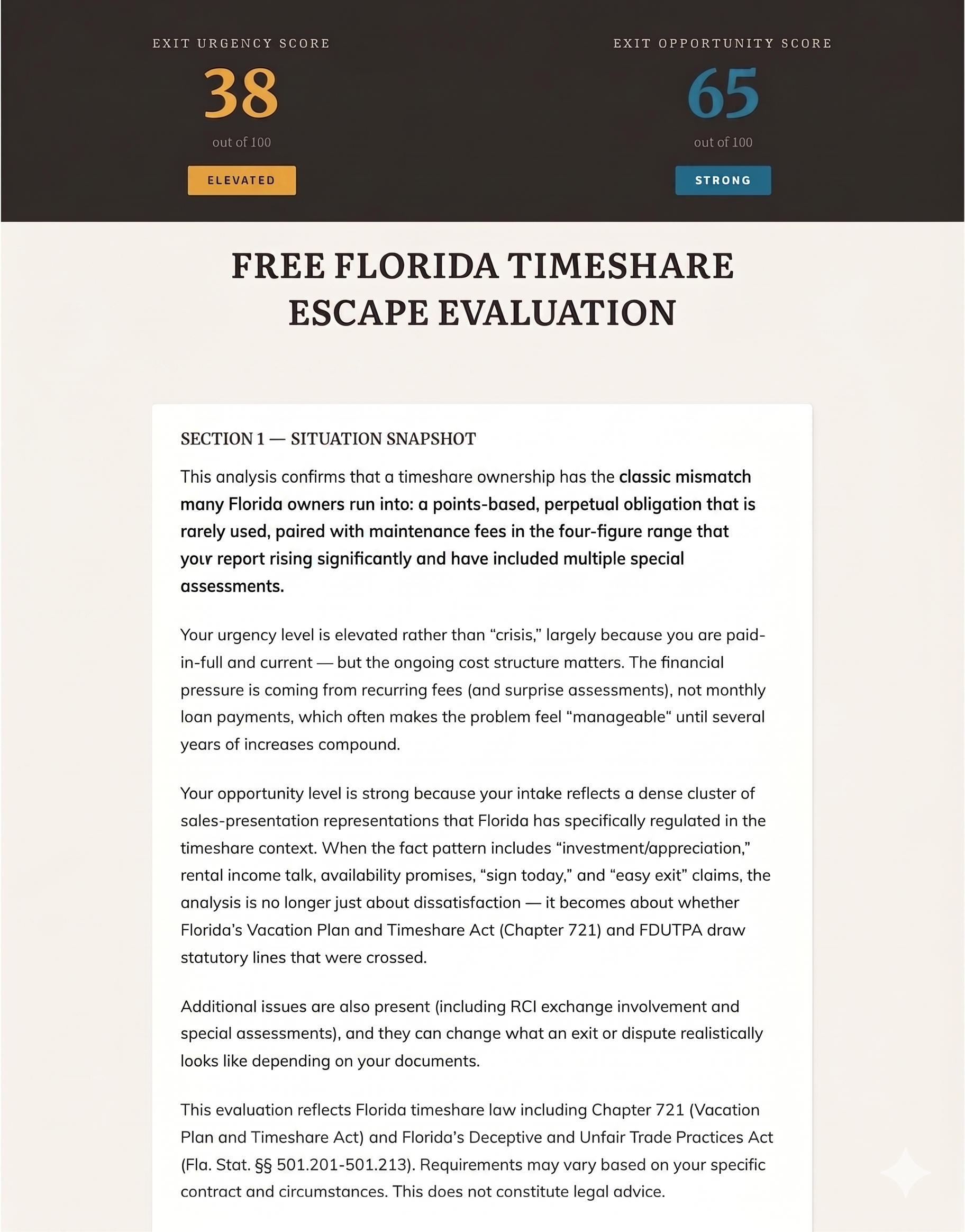 Example Timeshare Evaluation Report showing Risk Scores and Contract Analysis