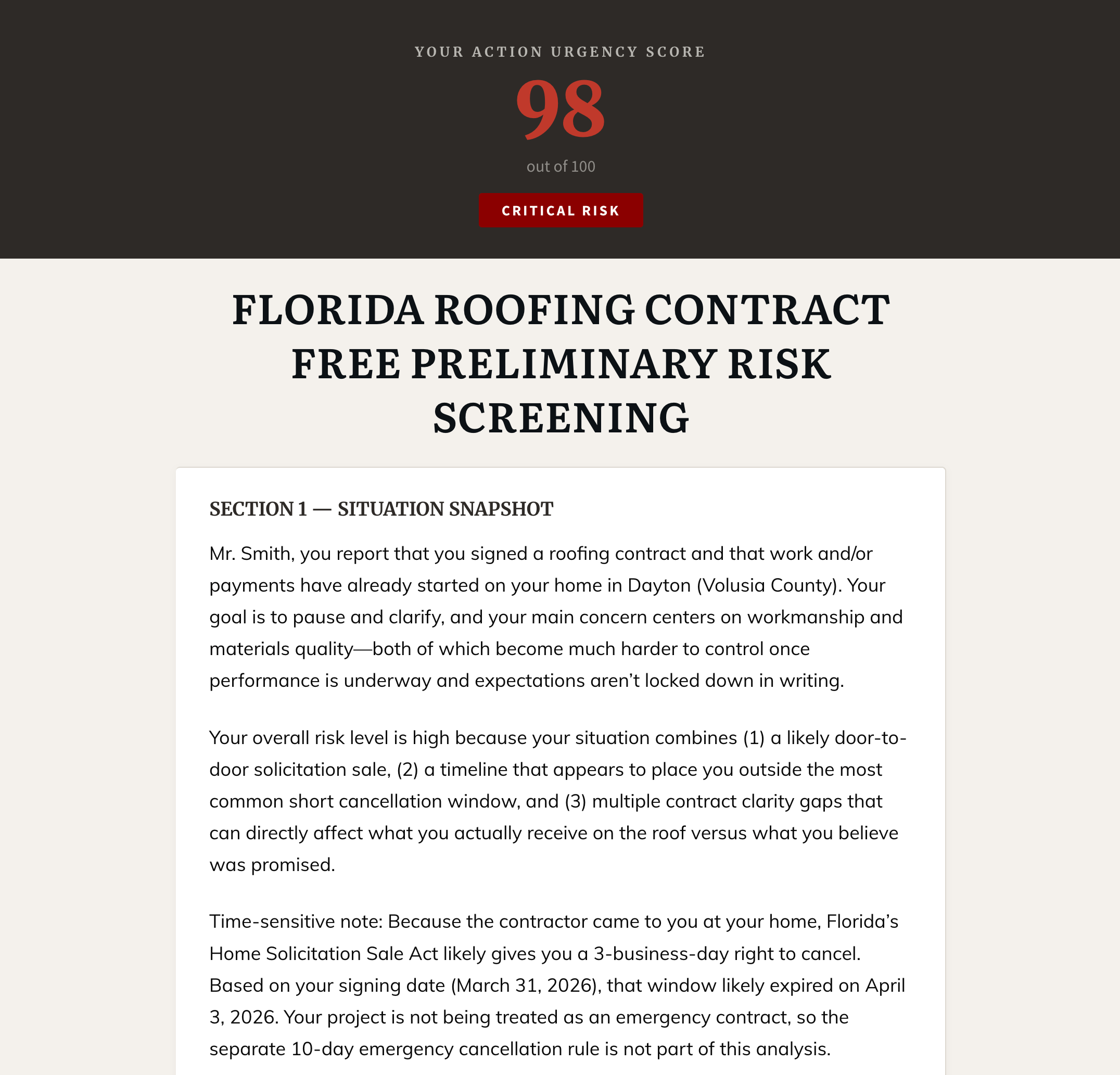 Sample Florida roofing contract cancellation screening report showing personalized exit options and risk analysis