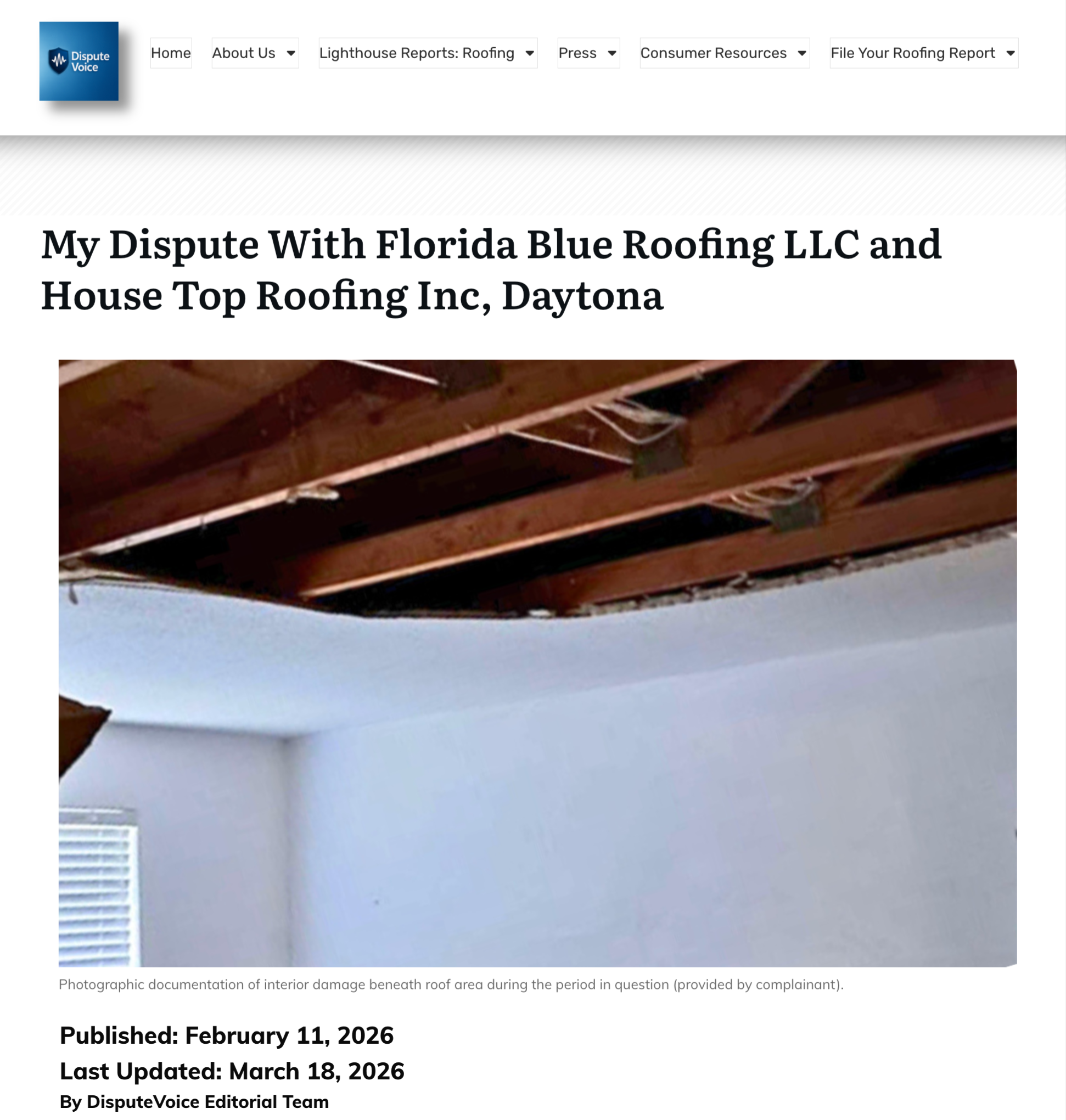 Florida Blue Roofing LLC dispute - Daytona Beach roofing contractor complaint